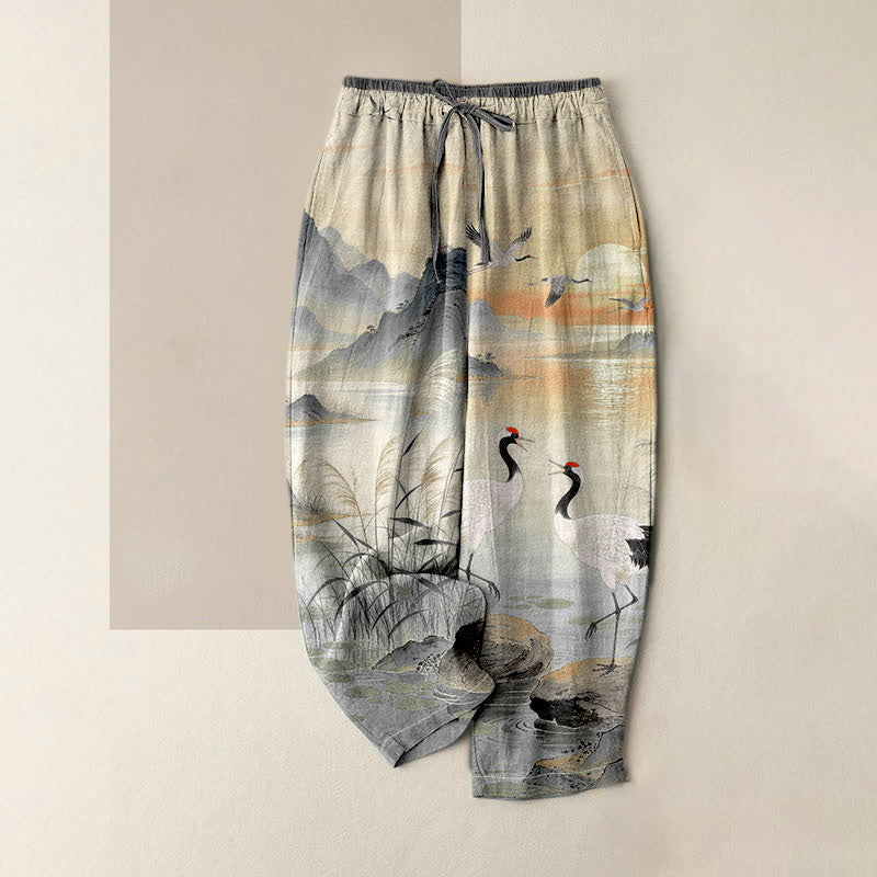Buddha Stones Pure Cotton Elegant Crane Landscape Pattern Women's Elastic Waist Pants With Pockets - DarkGray - US16,UK/AU20,EU48 (3XL) - image 3