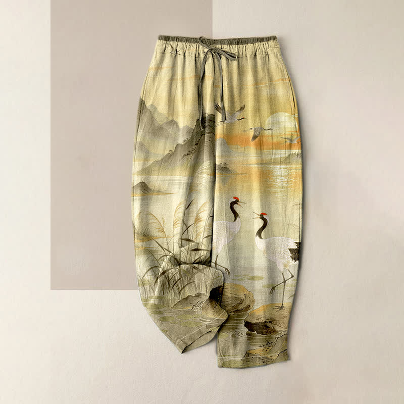 Buddha Stones Pure Cotton Elegant Crane Landscape Pattern Women's Elastic Waist Pants With Pockets - DarkKhaki - US16,UK/AU20,EU48 (3XL) - image 4
