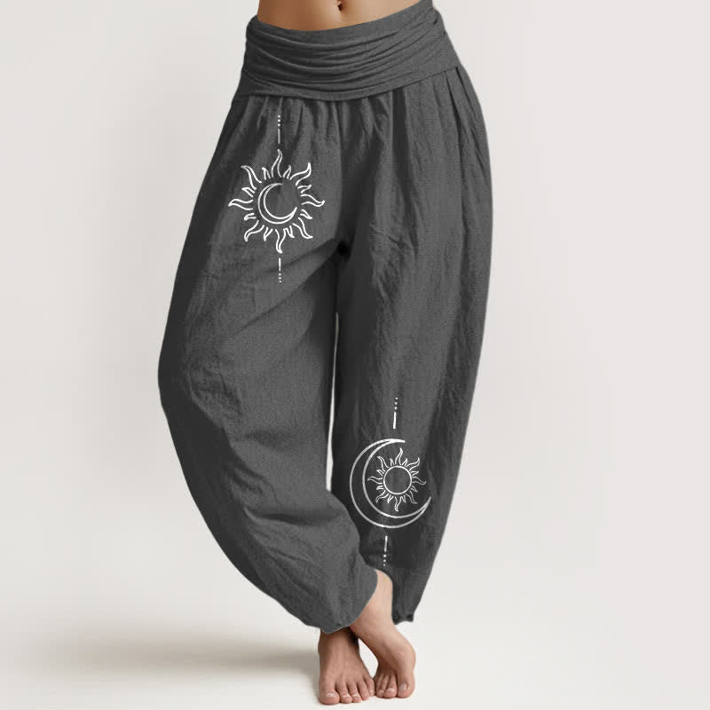 Buddha Stones Pure Cotton Moon Sun Pattern Women's Elastic Waist Harem Pants - DimGray - US16,UK/AU20,EU48 (3XL) - image 0