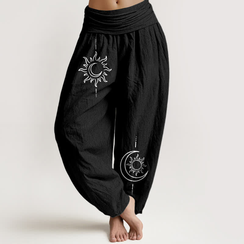 Buddha Stones Pure Cotton Moon Sun Pattern Women's Elastic Waist Harem Pants - Black - US16,UK/AU20,EU48 (3XL) - image 5