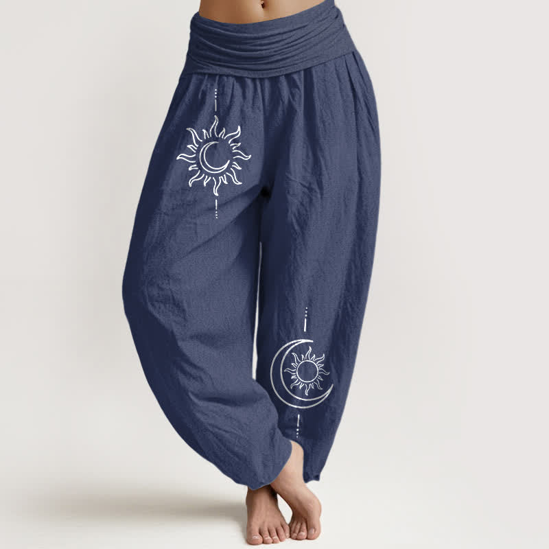 Buddha Stones Pure Cotton Moon Sun Pattern Women's Elastic Waist Harem Pants - DarkSlateBlue - US16,UK/AU20,EU48 (3XL) - image 8