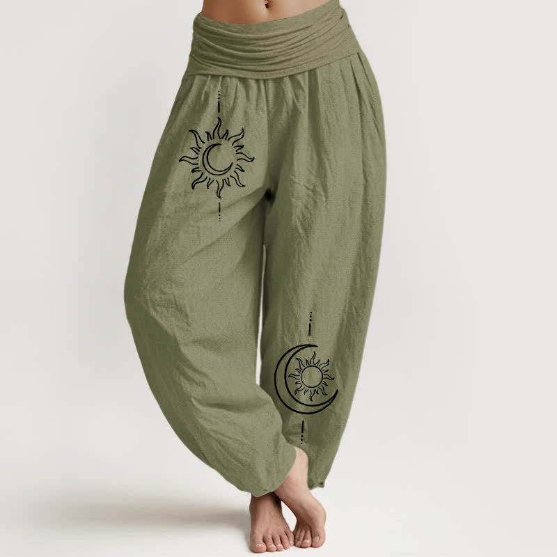 Buddha Stones Pure Cotton Moon Sun Pattern Women's Elastic Waist Harem Pants - OliveDrab - US16,UK/AU20,EU48 (3XL) - image 14