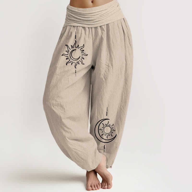 Buddha Stones Pure Cotton Moon Sun Pattern Women's Elastic Waist Harem Pants - Tan - US16,UK/AU20,EU48 (3XL) - image 11