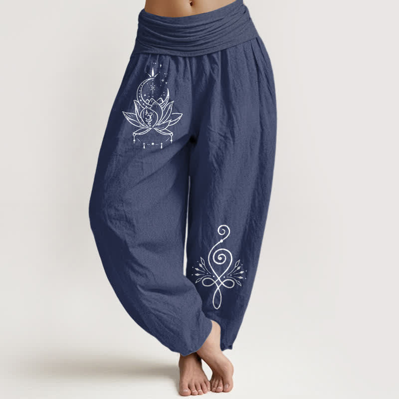 Buddha Stones Pure Cotton Lotus Moon Pattern Women's Elastic Waist Harem Pants - DarkSlateBlue - US16,UK/AU20,EU48 (3XL) - image 0