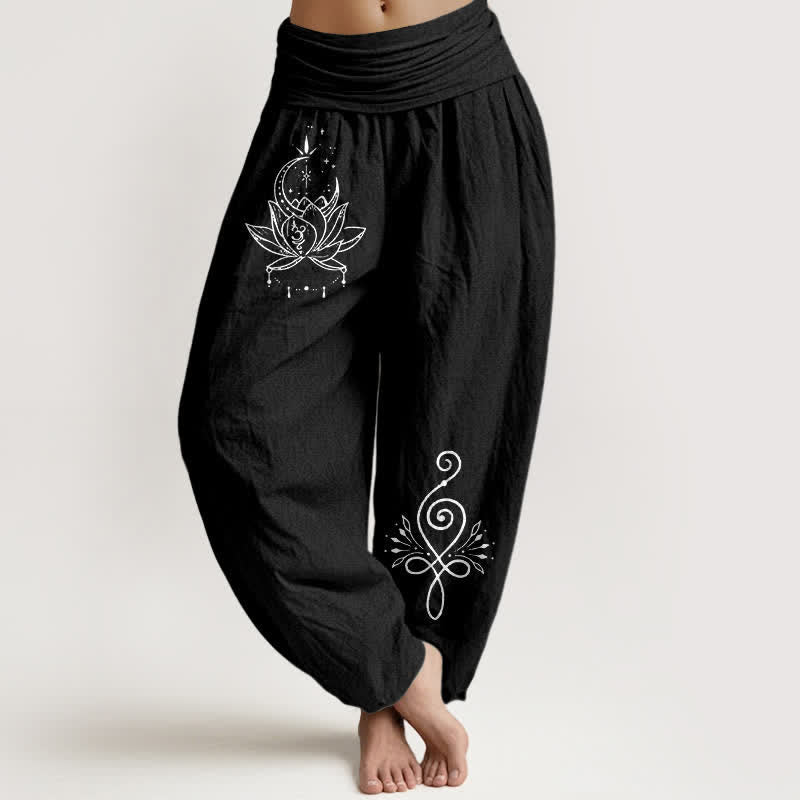 Buddha Stones Pure Cotton Lotus Moon Pattern Women's Elastic Waist Harem Pants - Black - US16,UK/AU20,EU48 (3XL) - image 5
