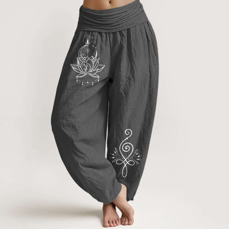 Buddha Stones Pure Cotton Lotus Moon Pattern Women's Elastic Waist Harem Pants - DimGray - US16,UK/AU20,EU48 (3XL) - image 8