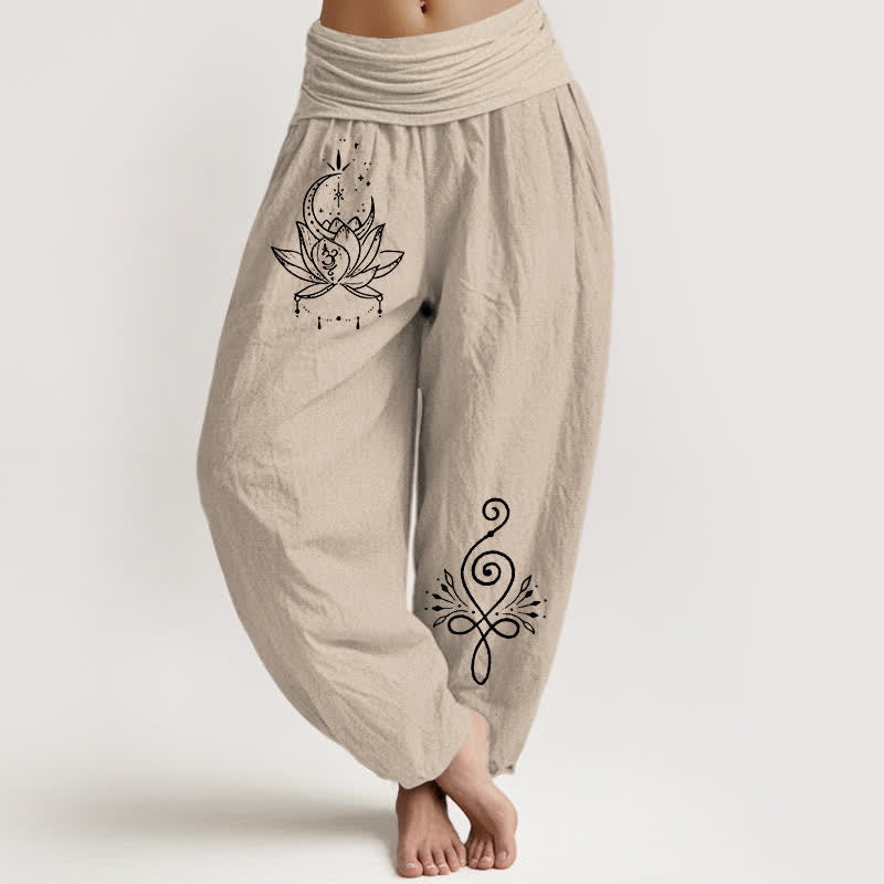 Buddha Stones Pure Cotton Lotus Moon Pattern Women's Elastic Waist Harem Pants - Tan - US16,UK/AU20,EU48 (3XL) - image 11