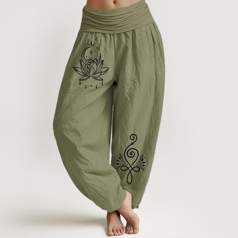Buddha Stones Pure Cotton Lotus Moon Pattern Women's Elastic Waist Harem Pants - OliveDrab - US16,UK/AU20,EU48 (3XL) - image 14
