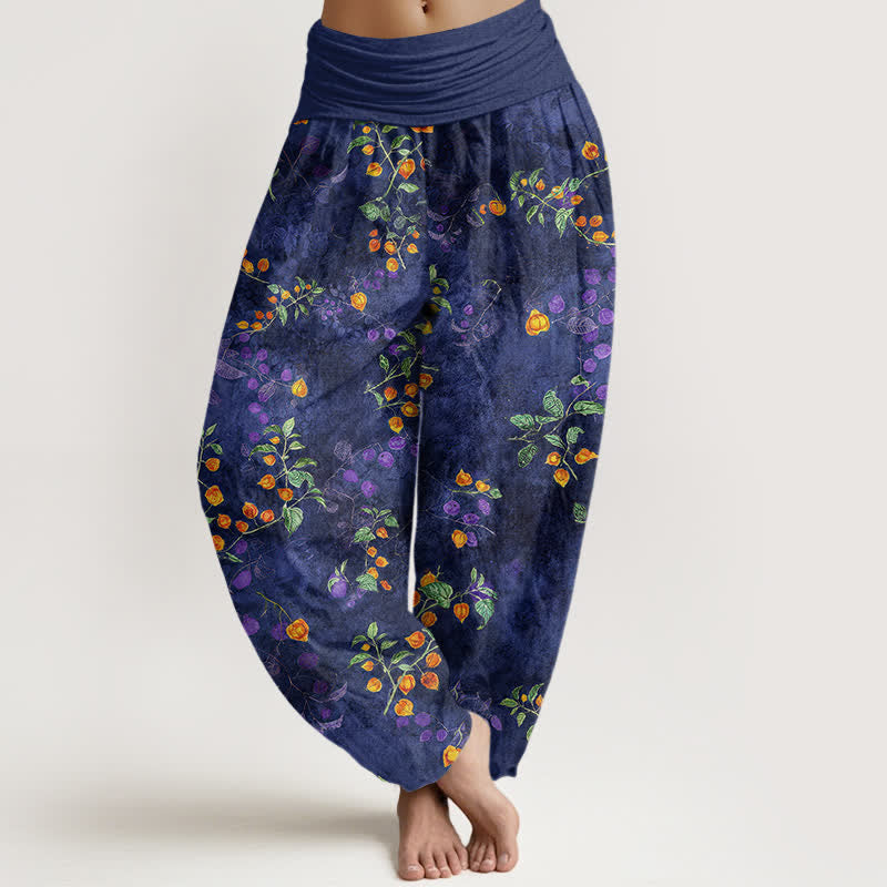 Buddha Stones Cotton Orange Blossom Vine Pattern Women's Elastic Waist Harem Pants - Navy - US16,UK/AU20,EU48 (3XL) - image 0