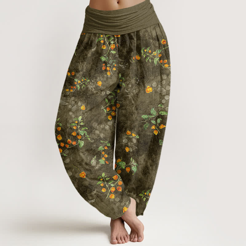 Buddha Stones Cotton Orange Blossom Vine Pattern Women's Elastic Waist Harem Pants - DarkOliveGreen - US16,UK/AU20,EU48 (3XL) - image 5