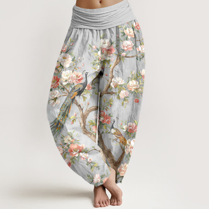 Buddha Stones Cotton Peacock Blossom Pattern Women's Elastic Waist Harem Pants - Silver - US16,UK/AU20,EU48 (3XL) - image 5