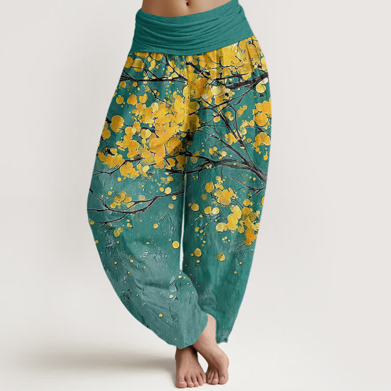 Buddha Stones Cotton Yellow Blossom Branch Pattern Women's Elastic Waist Harem Pants - Teal - US16,UK/AU20,EU48 (3XL) - image 0