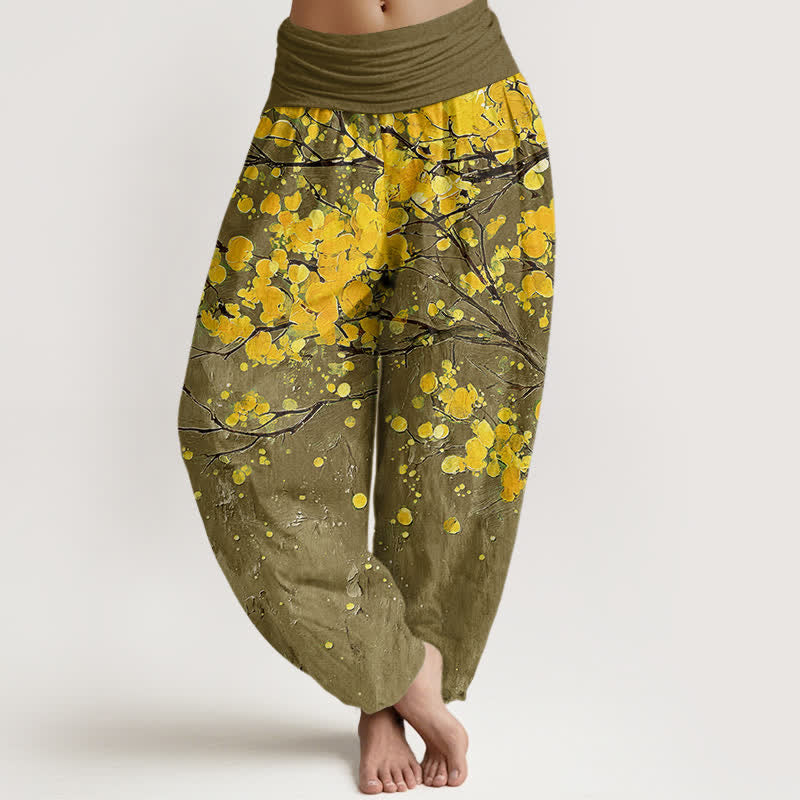 Buddha Stones Cotton Yellow Blossom Branch Pattern Women's Elastic Waist Harem Pants - Olive - US16,UK/AU20,EU48 (3XL) - image 8