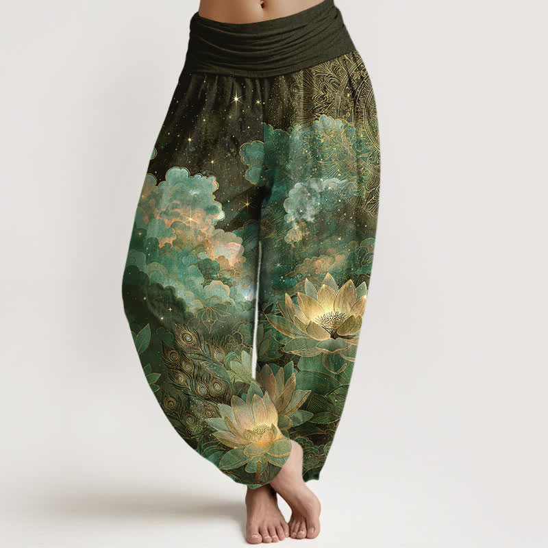 Buddha Stones Cotton Lotus Night Sky Pattern Women's Elastic Waist Harem Pants - DarkOliveGreen - US16,UK/AU20,EU48 (3XL) - image 5