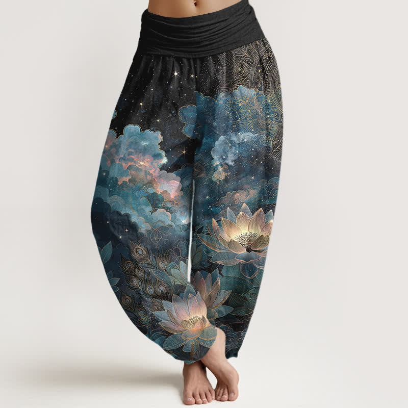 Buddha Stones Cotton Lotus Night Sky Pattern Women's Elastic Waist Harem Pants - Black - US16,UK/AU20,EU48 (3XL) - image 8