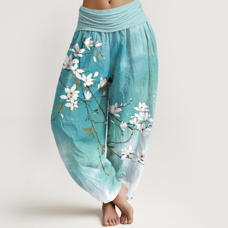 Buddha Stones Pure Cotton White Magnolia Branch Pattern Women's Elastic Waist Harem Pants - Turquoise - US16,UK/AU20,EU48 (3XL) - image 0