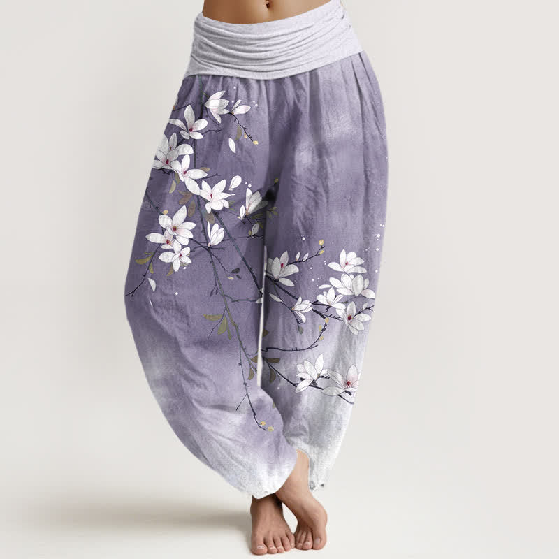 Buddha Stones Pure Cotton White Magnolia Branch Pattern Women's Elastic Waist Harem Pants - Lavender - US16,UK/AU20,EU48 (3XL) - image 5