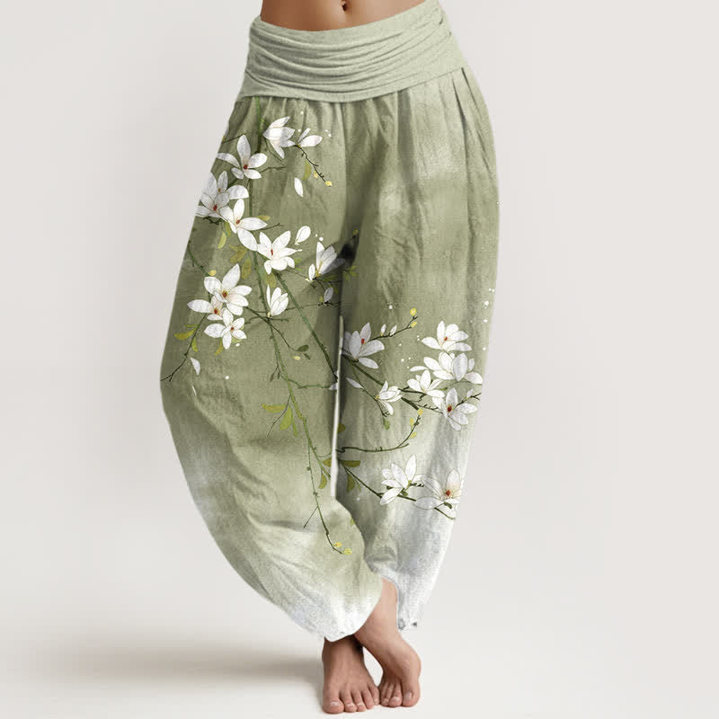 Buddha Stones Pure Cotton White Magnolia Branch Pattern Women's Elastic Waist Harem Pants - Olive - US16,UK/AU20,EU48 (3XL) - image 8
