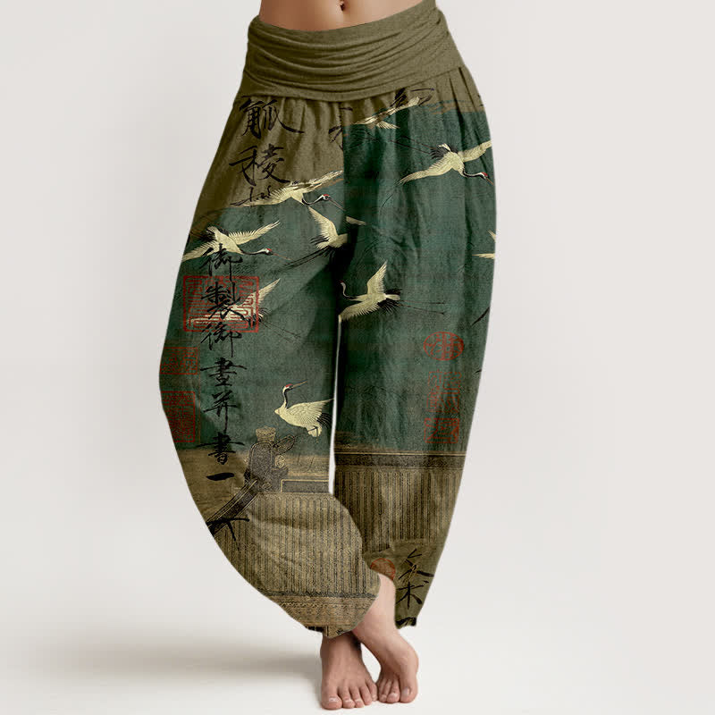 Buddha Stones Cotton Flying Crane Seal Pattern Women's Elastic Waist Harem Pants - DarkOliveGreen - US16,UK/AU20,EU48 (3XL) - image 0