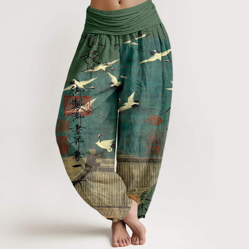Buddha Stones Cotton Flying Crane Seal Pattern Women's Elastic Waist Harem Pants - MediumSeaGreen - US16,UK/AU20,EU48 (3XL) - image 5