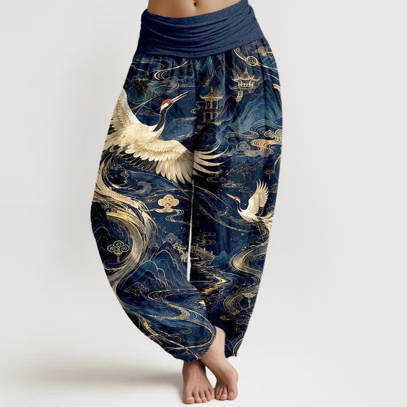 Buddha Stones Cotton Flying Crane Wave Pattern Women's Elastic Waist Harem Pants - Navy - US16,UK/AU20,EU48 (3XL) - image 0