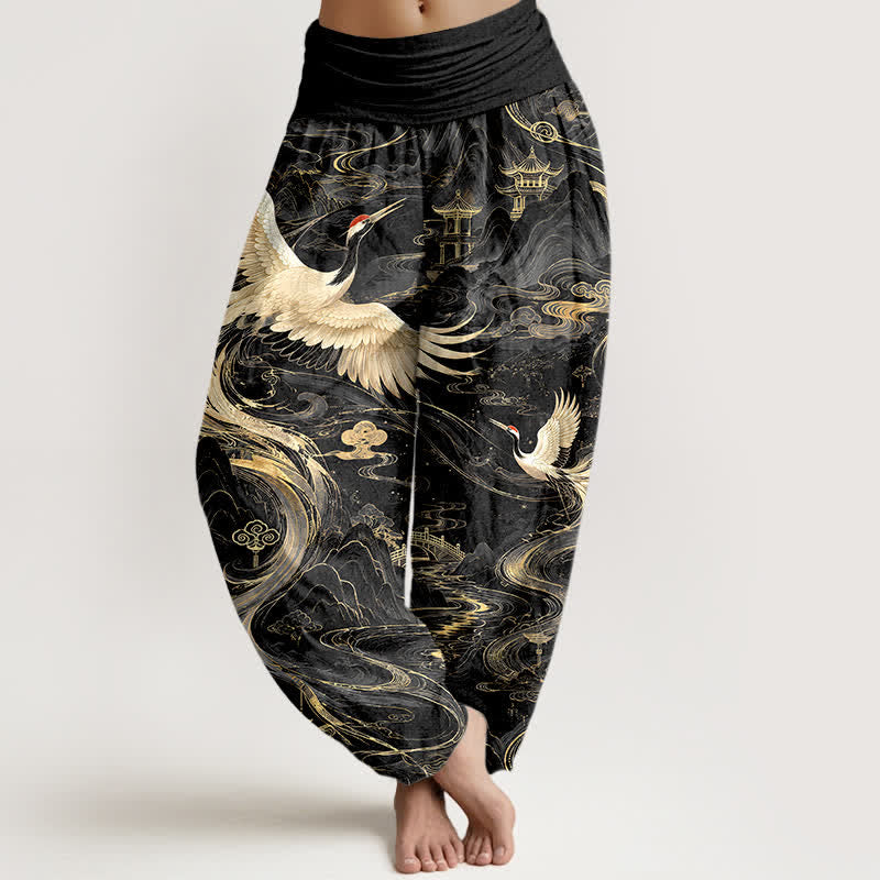 Buddha Stones Cotton Flying Crane Wave Pattern Women's Elastic Waist Harem Pants - Black - US16,UK/AU20,EU48 (3XL) - image 5