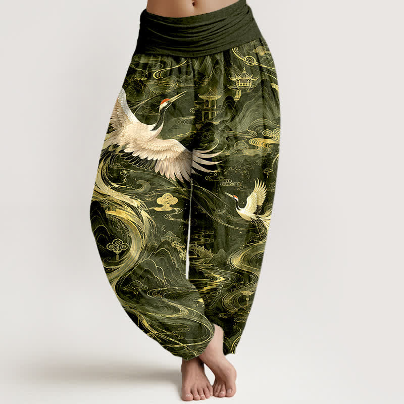 Buddha Stones Cotton Flying Crane Wave Pattern Women's Elastic Waist Harem Pants - DarkOliveGreen - US16,UK/AU20,EU48 (3XL) - image 8