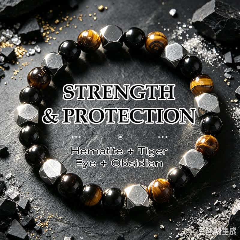 Buddha Stones Black Obsidian Tiger Eye Hematite Faceted Protection Bracelet - Hematite Black Obsidian Tiger Eye(Wrist Circumference: 5.9-6.3 in / 15-16cm) - image 0