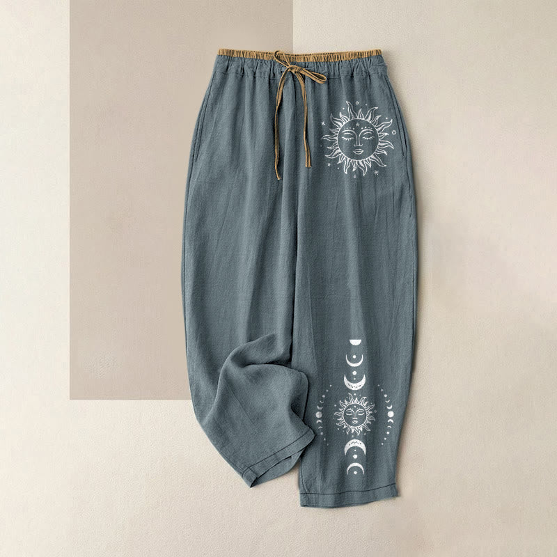 Buddha Stones Pure Cotton Celestial Sun Moon & Star Pattern Women's Elastic Waist Pants With Pockets - CadetBlue - US16,UK/AU20,EU48 (3XL) - image 5
