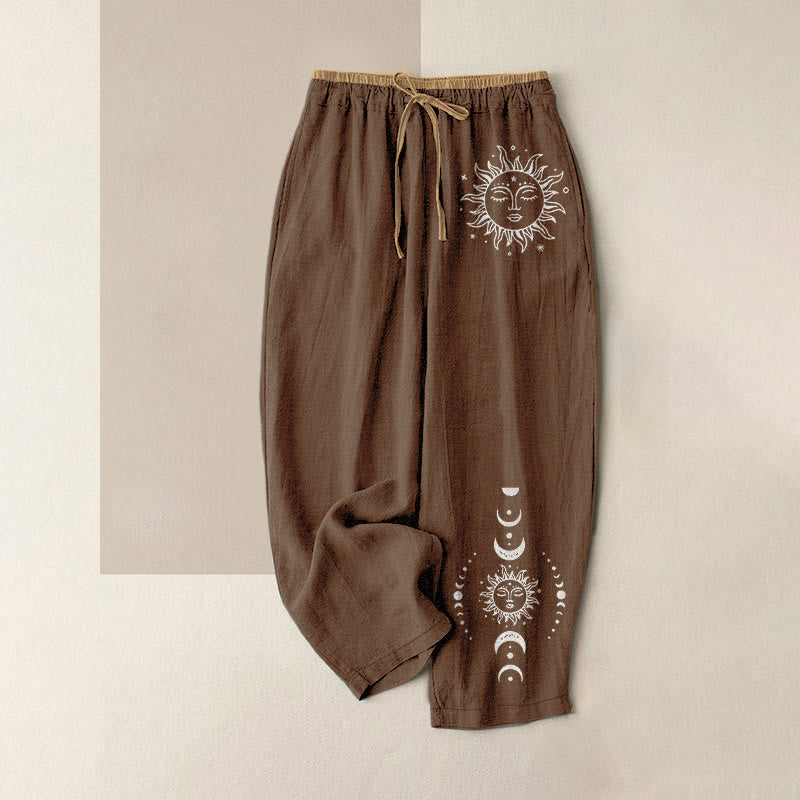 Buddha Stones Pure Cotton Celestial Sun Moon & Star Pattern Women's Elastic Waist Pants With Pockets - SaddleBrown - US16,UK/AU20,EU48 (3XL) - image 6
