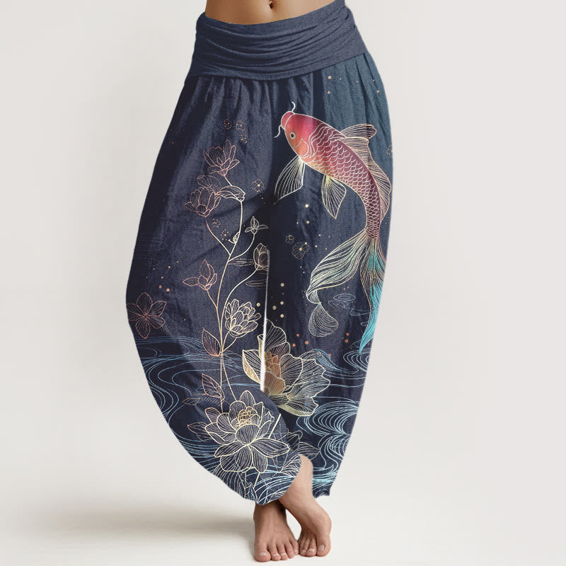 Buddha Stones Lotus Koi Fish Pattern Women's Elastic Waist Pure Cotton Harem Pants - SlateBlue - US16,UK/AU20,EU48 (3XL) - image 0