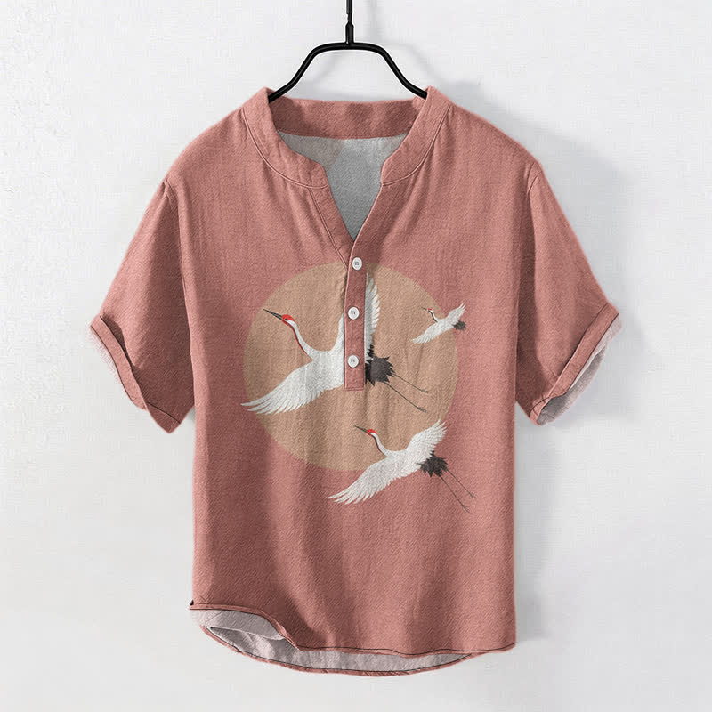 Buddha Stones Cotton Red Crown Crane Pattern Men's Short Sleeve Half Button Shirt - LightCoral - US/UK/AU50,EU60 (5XL) - image 0