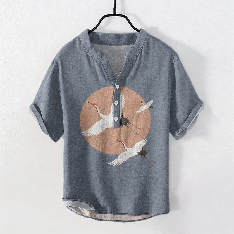 Buddha Stones Cotton Red Crown Crane Pattern Men's Short Sleeve Half Button Shirt - SlateGray - US/UK/AU50,EU60 (5XL) - image 5