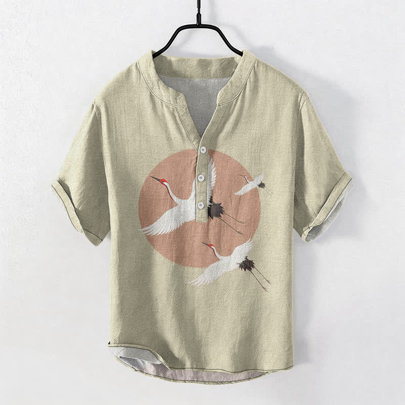 Buddha Stones Cotton Red Crown Crane Pattern Men's Short Sleeve Half Button Shirt - Beige - US/UK/AU50,EU60 (5XL) - image 7