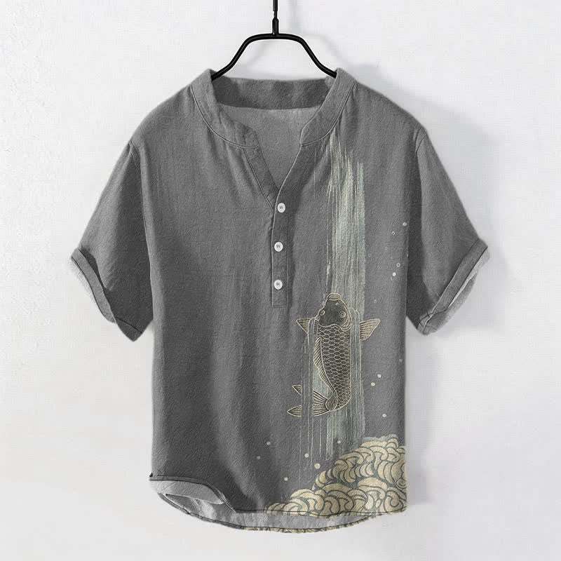 Buddha Stones Cotton Koi Fish Water Ripple Pattern Men's Short Sleeve Half Button Shirt - Gray - US/UK/AU50,EU60 (5XL) - image 5