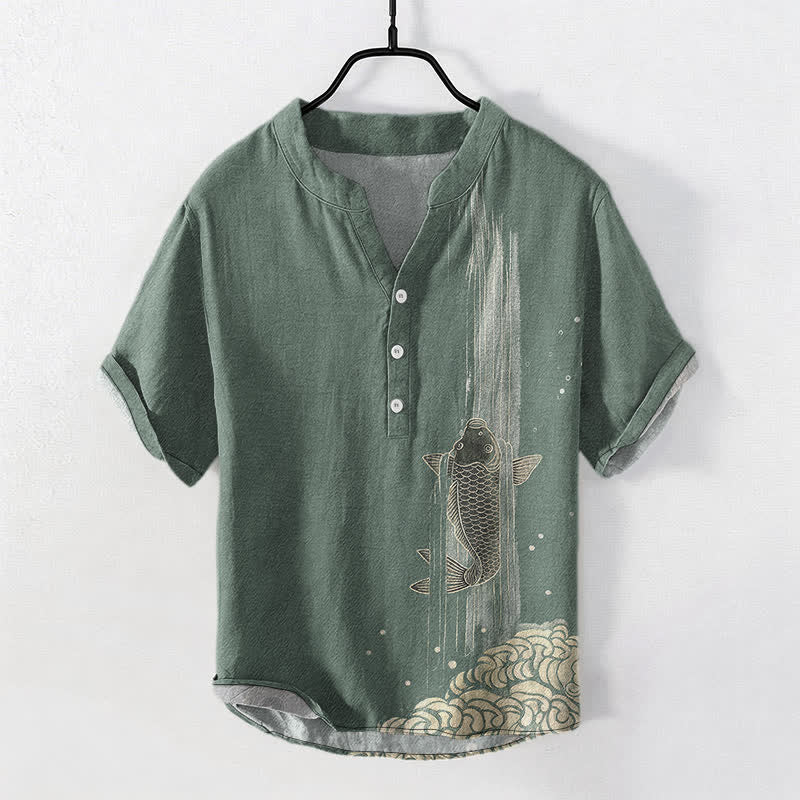 Buddha Stones Cotton Koi Fish Water Ripple Pattern Men's Short Sleeve Half Button Shirt - DarkSeaGreen - US/UK/AU50,EU60 (5XL) - image 0