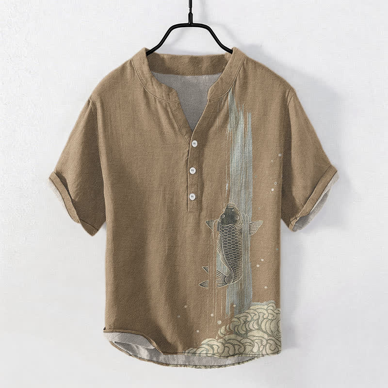 Buddha Stones Cotton Koi Fish Water Ripple Pattern Men's Short Sleeve Half Button Shirt - Tan - US/UK/AU50,EU60 (5XL) - image 10
