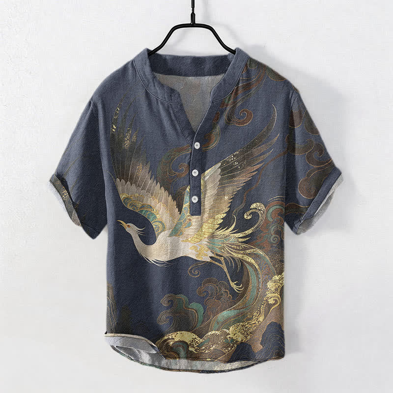 Buddha Stones Cotton Gilded Crane Wave Pattern Men's Short Sleeve Half Button Shirt - Navy - US/UK/AU50,EU60 (5XL) - image 0