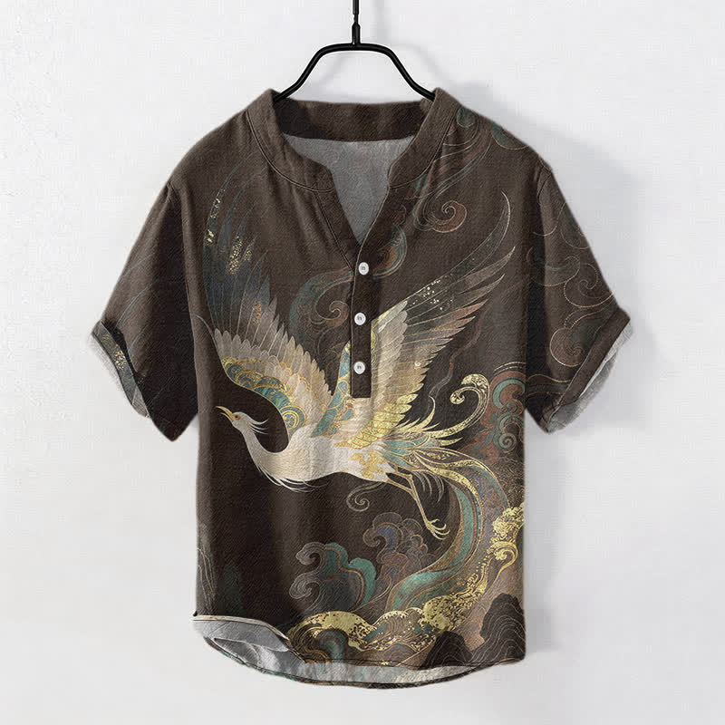 Buddha Stones Cotton Gilded Crane Wave Pattern Men's Short Sleeve Half Button Shirt - SaddleBrown - US/UK/AU50,EU60 (5XL) - image 5