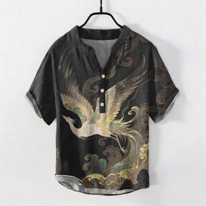Buddha Stones Cotton Gilded Crane Wave Pattern Men's Short Sleeve Half Button Shirt - Black - US/UK/AU50,EU60 (5XL) - image 7