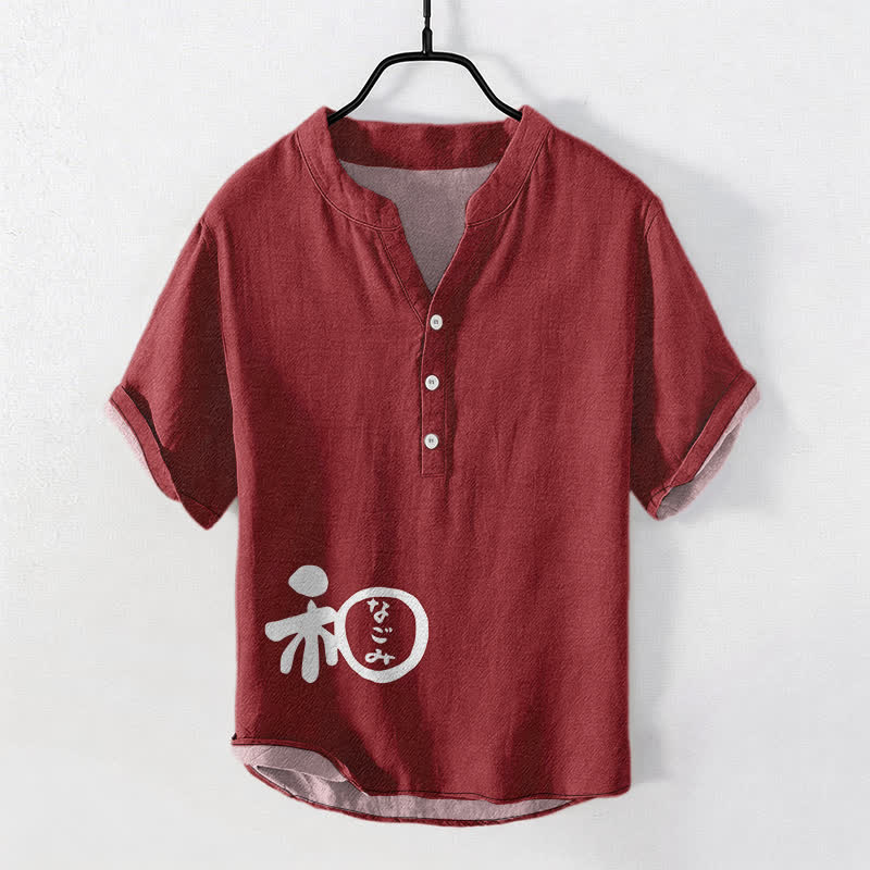 Buddha Stones Cotton Wa Crest Script Pattern Men's Short Sleeve Half Button Shirt - Maroon - US/UK/AU50,EU60 (5XL) - image 0