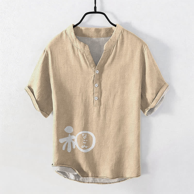 Buddha Stones Cotton Wa Crest Script Pattern Men's Short Sleeve Half Button Shirt - Beige - US/UK/AU50,EU60 (5XL) - image 5