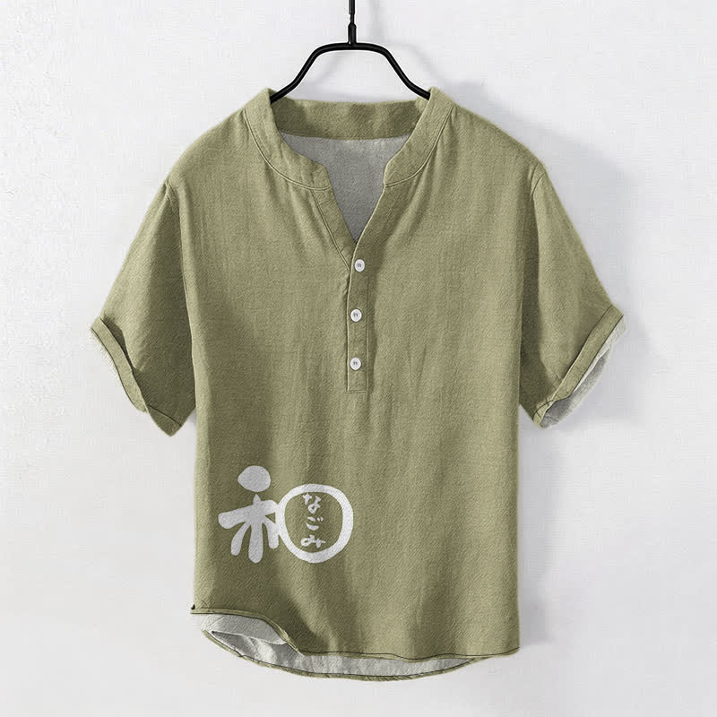 Buddha Stones Cotton Wa Crest Script Pattern Men's Short Sleeve Half Button Shirt - Olive - US/UK/AU50,EU60 (5XL) - image 7