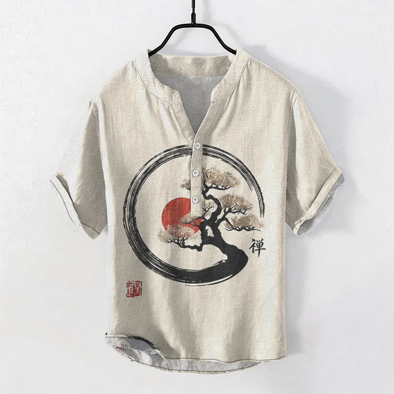 Buddha Stones Cotton Zen Ink Bonsai Sun Pattern Men's Short Sleeve Half Button Shirt - Linen - US/UK/AU50,EU60 (5XL) - image 0