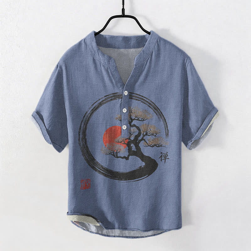 Buddha Stones Cotton Zen Ink Bonsai Sun Pattern Men's Short Sleeve Half Button Shirt - RoyalBlue - US/UK/AU50,EU60 (5XL) - image 7