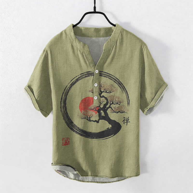 Buddha Stones Cotton Zen Ink Bonsai Sun Pattern Men's Short Sleeve Half Button Shirt - OliveDrab - US/UK/AU50,EU60 (5XL) - image 5