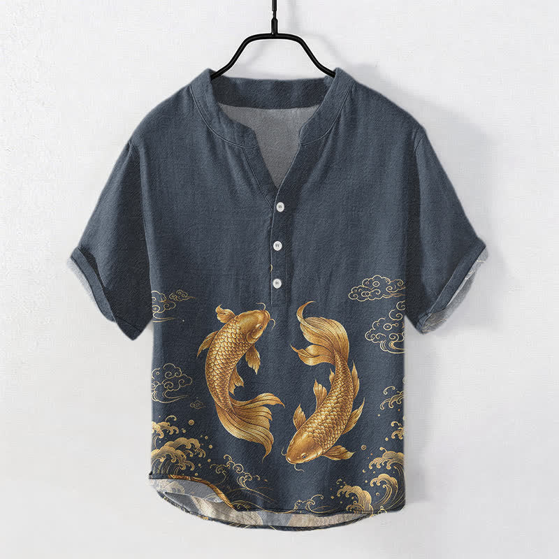 Buddha Stones Cotton Golden Koi Fish Pattern Men's Short Sleeve Half Button Shirt - MidnightBlue - US/UK/AU50,EU60 (5XL) - image 0