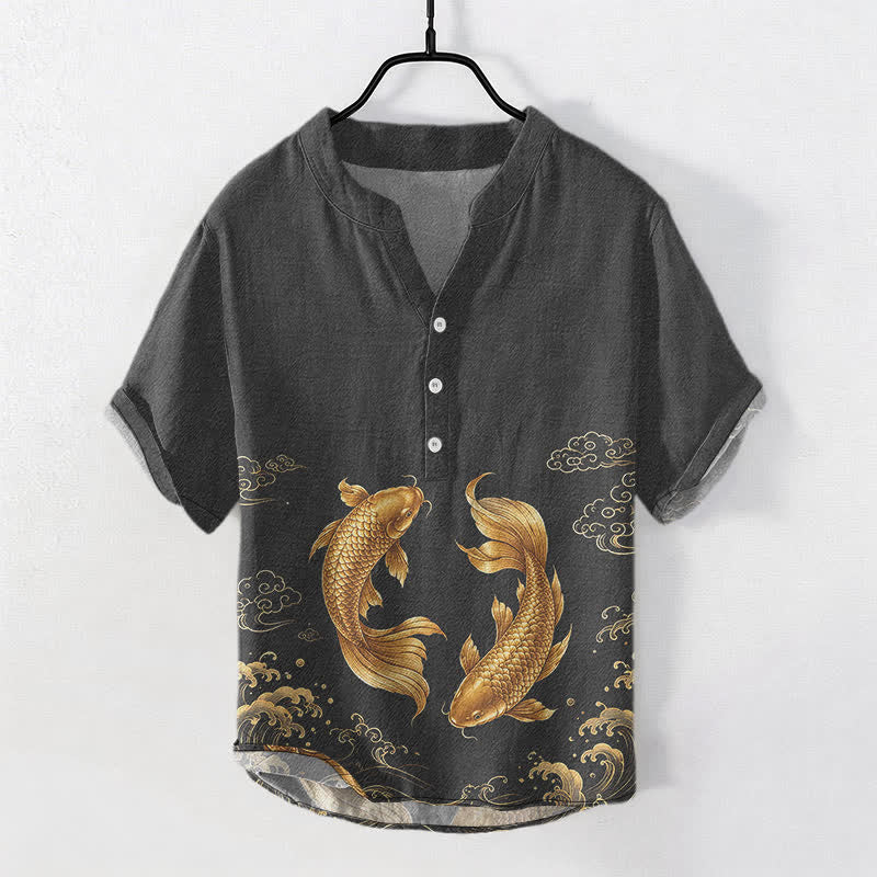 Buddha Stones Cotton Golden Koi Fish Pattern Men's Short Sleeve Half Button Shirt - Black - US/UK/AU50,EU60 (5XL) - image 5