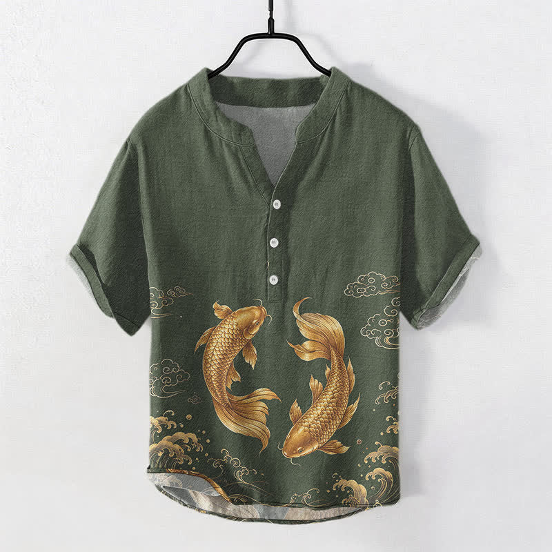 Buddha Stones Cotton Golden Koi Fish Pattern Men's Short Sleeve Half Button Shirt - DarkOliveGreen - US/UK/AU50,EU60 (5XL) - image 7