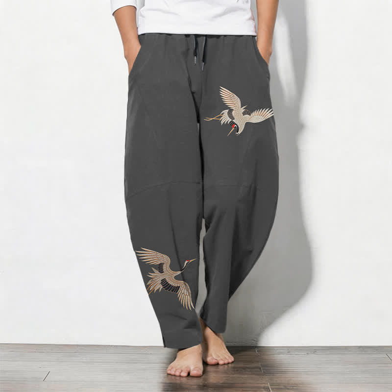 Buddha Stones Pure Cotton Twin Crane Pattern Drawstring Men's Tapered Pants With Pockets - DimGray - US/UK/AU50,EU60 (5XL) - image 0
